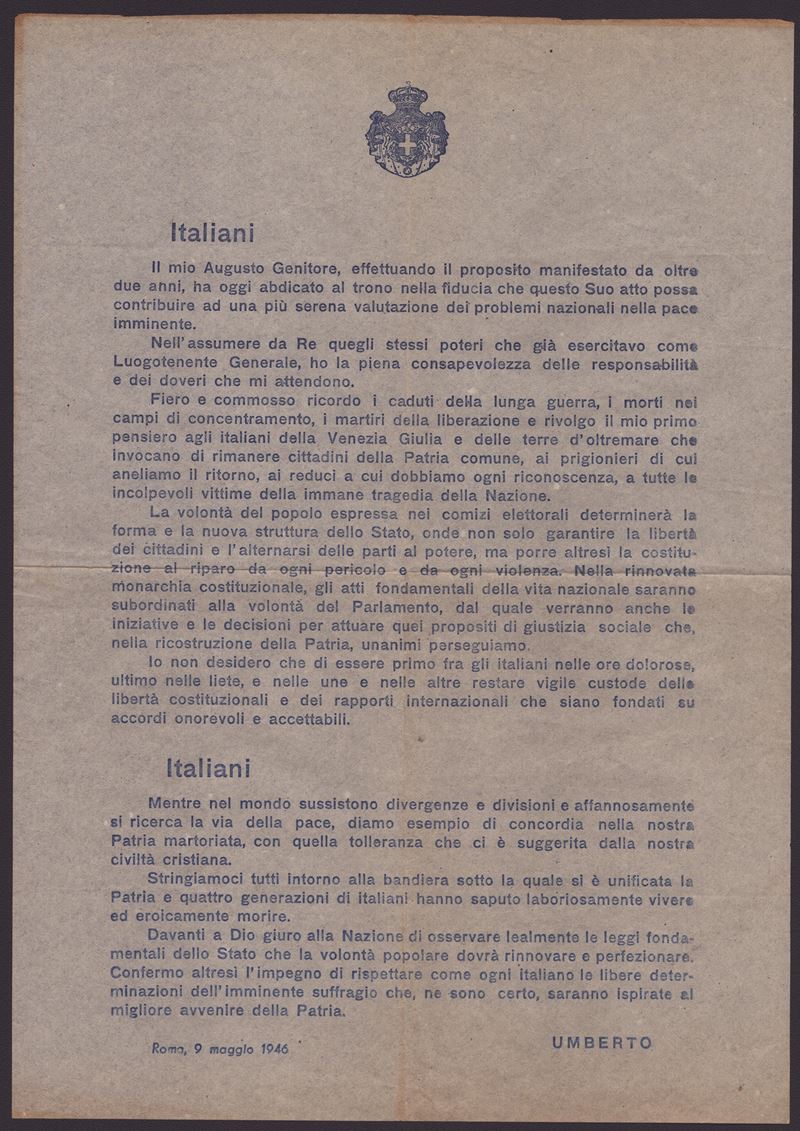Re Umberto II - 9 Maggio 1946 - Volantino