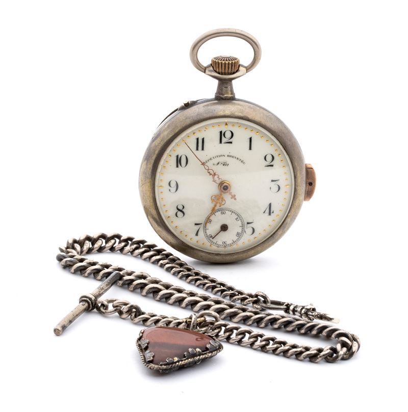 Orologio da tasca in argento con quadrante bianco, ripetizioni (ora e mezz’ora)