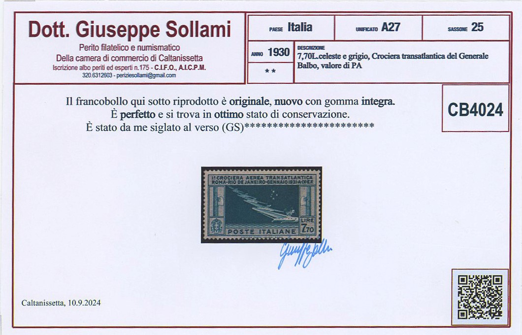 Regno - Posta Aerea, Crociera Balbo 7,70