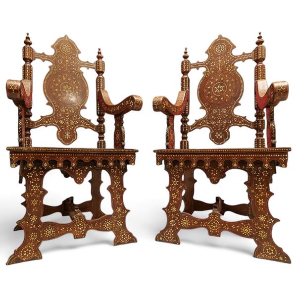 A pair of inlaid and carved Moroccan thrones