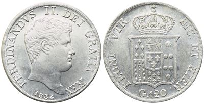 Ferdinando II di Borbone, Piastra del Regno delle Due Sicilie, 1834 (argento)