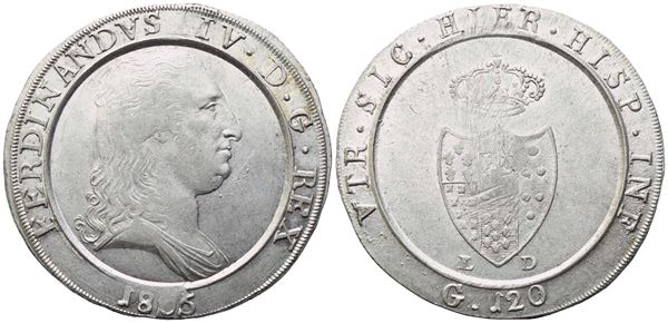 NAPOLI. Regno di Napoli. Ferdinando IV di Borbone (1759-1816). Piastra 1805; Ag (27,57 g; 39 mm)