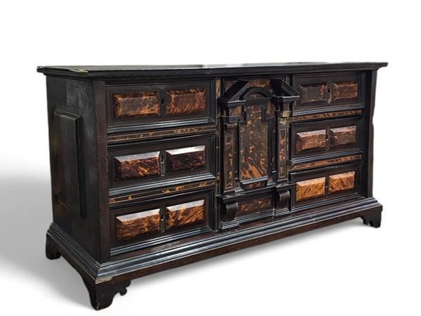 Italian ebonized wood and tortoiseshell coin cabinet 