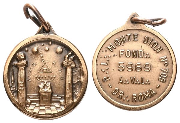Medaglia R. L. "Monte Sion" N° 705 Or. Roma, AE (19,4 mm)  - Asta MASSONICA  Medaglie, Distintivi e Gioielli di Loggia  dai primi dell'800 al tardo ‘900 - Bertolami Fine Art - Casa d'Aste