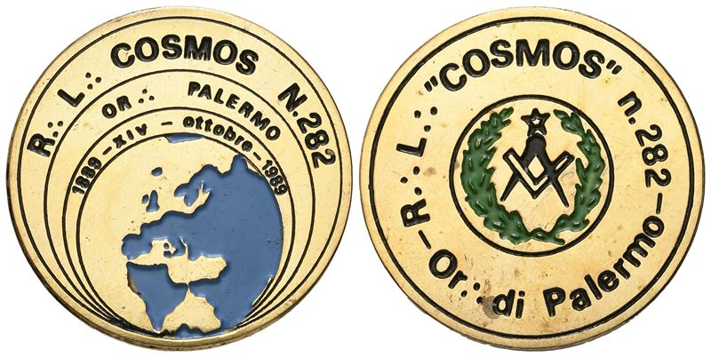 Medaglia Smaltata R. L. "cosmos" N° 282 Or. di Palermo, 1889 - XIV - Ottobre - 1989 (40,3 MM)