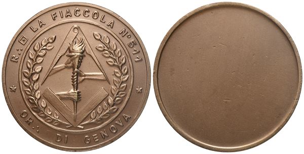 Medaglia R. L. "La Fiaccola" N° 511 Or. Di Genova, AE (37 mm)  - Asta MASSONICA  Medaglie, Distintivi e Gioielli di Loggia  dai primi dell'800 al tardo ‘900 - Bertolami Fine Art - Casa d'Aste