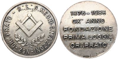 Medaglia CX° Anno Fondazione Prima Loggia Or. Prato, 1986, Ag (39,8 MM)