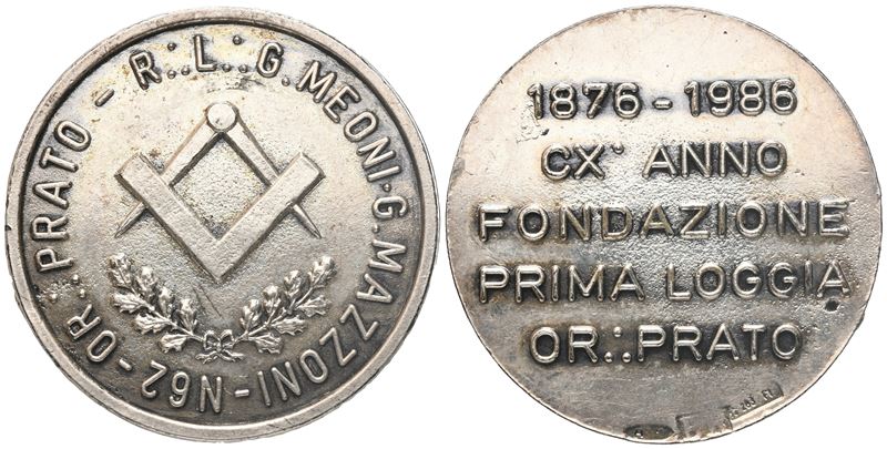 Medaglia CX° Anno Fondazione Prima Loggia Or. Prato, 1986, Ag (39,8 MM)