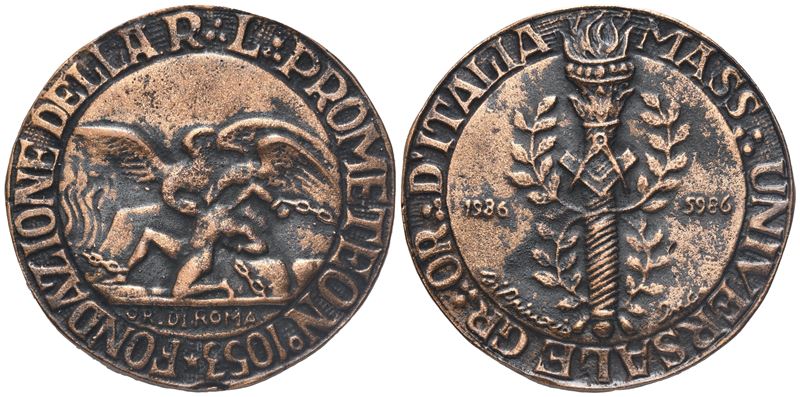 Medaglia Fondazione della R. L. "prometeo" N° 1053 Or. di Roma, 1986, Ae (38,3 MM)