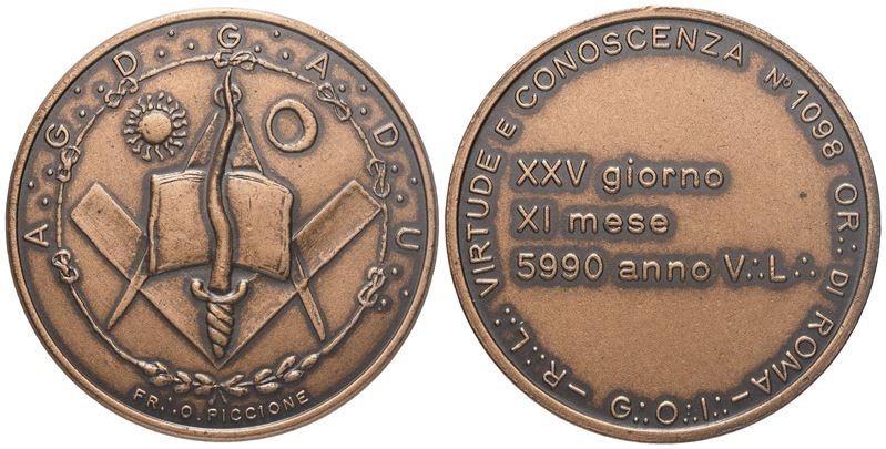 Medaglia R. L. "virtute e Conoscenza" N° 1098 Or. di Roma, Ae (35 MM)