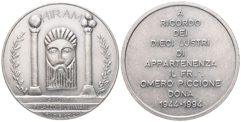Medaglia "HIRAM" G. O. I. Palazzo Giustiniani, A ricordo Dei Dieci Lustri Di Appartenenza Il Fr. ...