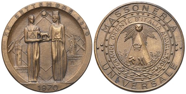 Medaglia XX Settembre 1870, 1970, AE (40,3 mm)  - Auction MASONIC MEDALS & JEWELS From the Early 19th to the Late 20th Century - Bertolami Fine Art - Casa d'Aste