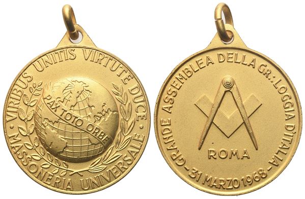 Medaglia Grande Assemblea Della Gr. Loggia D'Italia, 31 marzo 1968 (30,1 mm)  - Auction MASONIC MEDALS & JEWELS From the Early 19th to the Late 20th Century - Bertolami Fine Art - Casa d'Aste