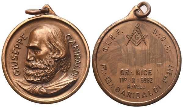 Medaglia "Giuseppe Garibaldi" N° 317, AE (35,7 mm)  - Auction MASONIC MEDALS & JEWELS From the Early 19th to the Late 20th Century - Bertolami Fine Art - Casa d'Aste