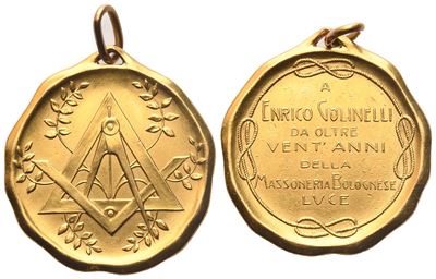 Medaglia "a Enrico Golinelli da Oltre Vent'anni della Massoneria Bolognese Luce", Au (27 MM)