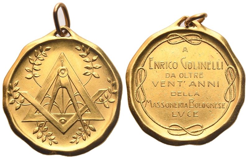 Medaglia "a Enrico Golinelli da Oltre Vent'anni della Massoneria Bolognese Luce", Au (27 MM)