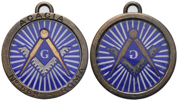 Medaglia Smaltata "Acacia" N° 669 - Roma (36,8 mm)  - Auction MASONIC MEDALS & JEWELS From the Early 19th to the Late 20th Century - Bertolami Fine Art - Casa d'Aste