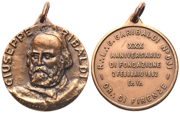 Medaglia "Giuseppe Garibaldi" N° 631 Or. Di Firenze, AE (31,5 mm)  - Auction MASONIC MEDALS & JEWELS From the Early 19th to the Late 20th Century - Bertolami Fine Art - Casa d'Aste