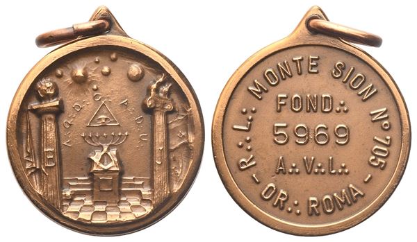 Medaglia R. L. "Monte Sion" N° 705 Or. Roma, AE (19,5 mm)  - Auction MASONIC MEDALS & JEWELS From the Early 19th to the Late 20th Century - Bertolami Fine Art - Casa d'Aste