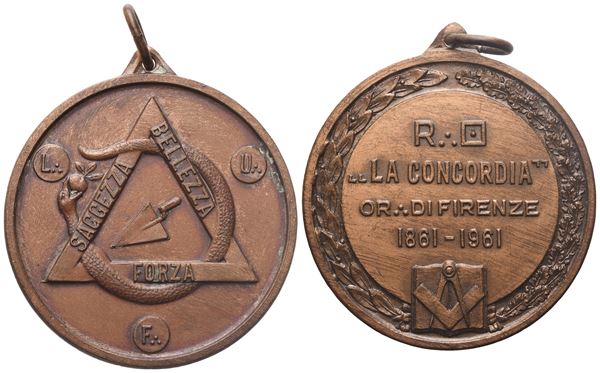Medaglia "Saggezza Bellezza Forza" Or. Di Firenze, 1961, AE (41,5 mm)  - Auction MASONIC MEDALS & JEWELS From the Early 19th to the Late 20th Century - Bertolami Fine Art - Casa d'Aste