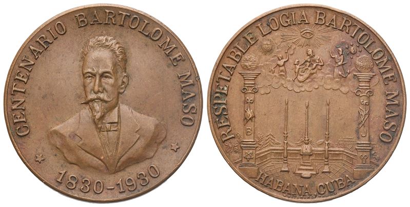 Medaglia Respetable Logia "bartolome Maso" Habana Cuba, Centenario 1830 - 1930, Ae (31,7 MM)