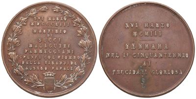 Medaglia XVI Marzo MCMIII Ferrara nel I° Cinquantennio ai Trucidati Gloriosi, Ae (44 MM)