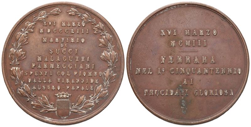Medaglia XVI Marzo MCMIII Ferrara nel I° Cinquantennio ai Trucidati Gloriosi, Ae (44 MM)