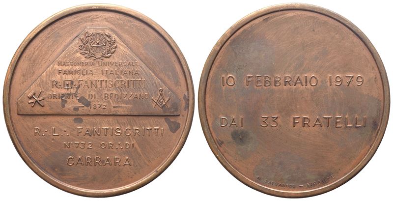 Medaglia R. L. "fantiscritti" N° 732 Or. di Carrara, 10 Febbraio 1979 dai 33 Fratelli, Ae (51,3 M...