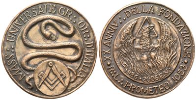 Medaglia R. L. "prometeo" 1053, XX° Anniv. della Fondazione, 2006, Ae (50,7 MM)