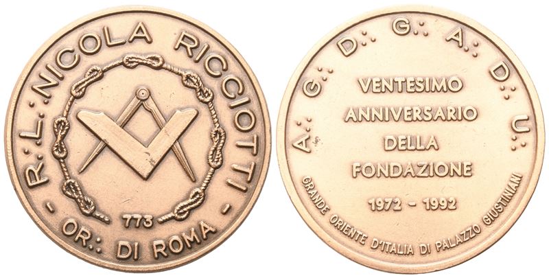 Medaglia R. L. "nicola Ricciotti" Or. di Roma, Ventesimo Anniversario della Fondazione 1972 - 199...