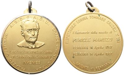 Medaglia I° Centenario della Nascita di Pericle Maruzzi 1887 - 1987 Oriente di Ferrara, Ag (50,5 ...