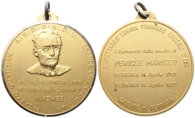 Medaglia I° Centenario della Nascita di Pericle Maruzzi 1887 - 1987 Oriente di Ferrara, Ag (50,5 ...