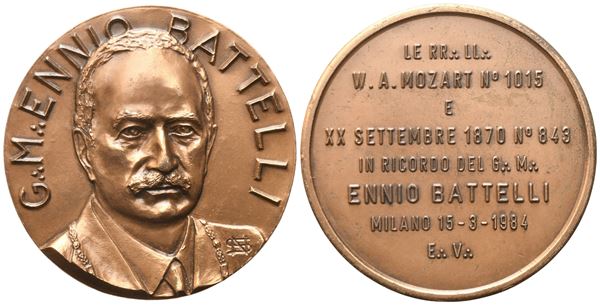 Medaglia G. M. "Ennio Battelli", 1984, AE (51,4 mm)  - Auction MASONIC MEDALS & JEWELS From the Early 19th to the Late 20th Century - Bertolami Fine Art - Casa d'Aste