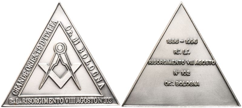 Medaglia Grande Oriente d'Italia Or. Di Bologna R. L. "Risorgimento VIII Agosto" N° 102, 1996 (68...