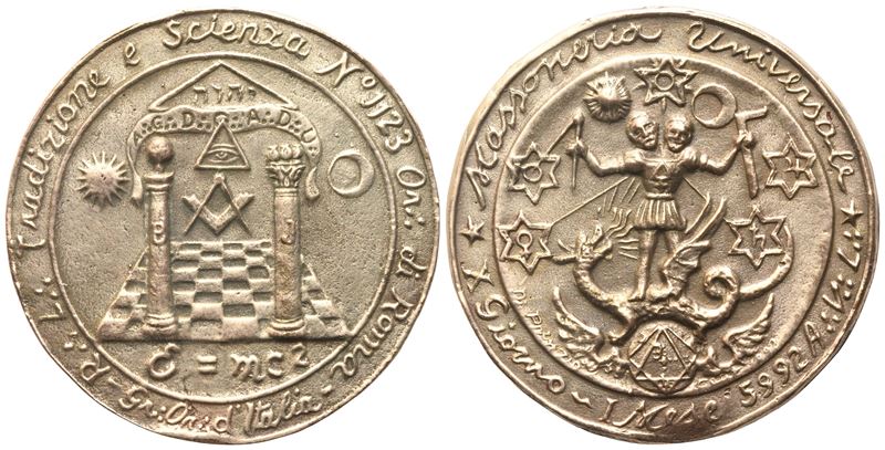 Medaglia R. L. "tradizione e Scienza" N° 1123 Or. di Roma, X Giorno - i Mese 5992 A. V. L. (46 MM...