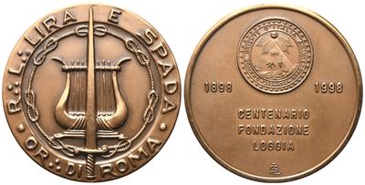 Medaglia R. L. "lira e Spada" Or. di Roma, Centenario Fondazione Loggia 1898 - 1998 (51,4 MM)