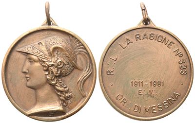 Medaglia R. L. "la Ragione" N° 333, Or. di Messina, 1911 - 1981 (41,4 MM)