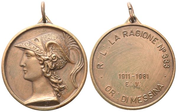 Medaglia R. L. "La Ragione" N° 333, Or. Di Messina, 1911 - 1981 (41,4 mm)  - Auction MASONIC MEDALS & JEWELS From the Early 19th to the Late 20th Century - Bertolami Fine Art - Casa d'Aste