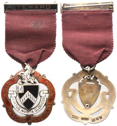 Spilla Royal Masonic Benevolent Instn 1938, "virtus Invicta Gloriosa", Steward, Ag e Smalti (34 M...