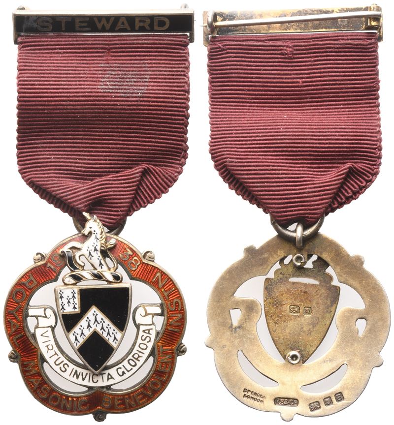 Spilla Royal Masonic Benevolent Instn 1938, "virtus Invicta Gloriosa", Steward, Ag e Smalti (34 M...