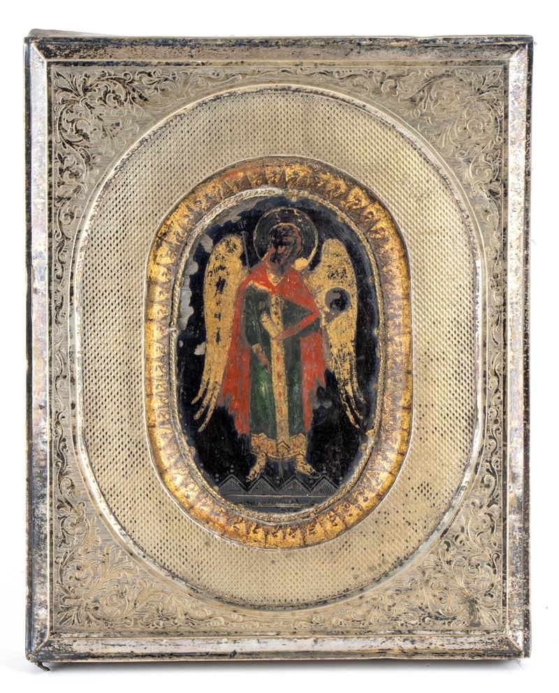 Icona russa, San Giovanni Battista “Angelo del Deserto”, tempera su tavola con riza in argento (M...