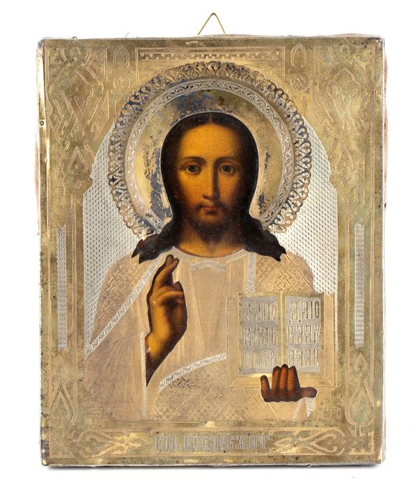 A Russian icon with silver oklad depicting Christ Pantocrator