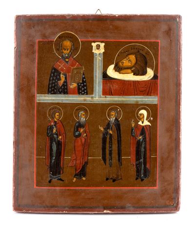 Icona russa multiquadro, San Nicola, Decollazione di San Giovanni Battista, Santi Martiri di Edes...