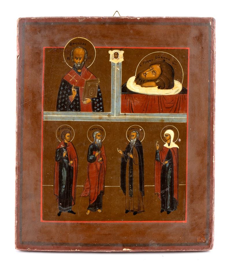 Icona russa multiquadro, San Nicola, Decollazione di San Giovanni Battista, Santi Martiri di Edes...