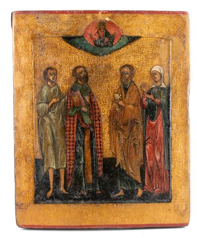 Icona russa, Santi Martiri di Edessa (Gurio, Samona e Abibo) con Santa Eufemia, tempera su tavola...