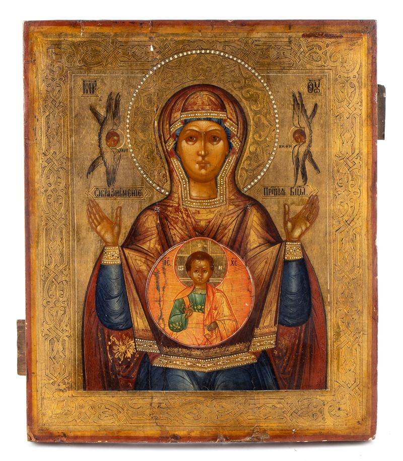 Icona russa, Madre di Dio del Segno, pittura su tavola (inizio XX secolo)