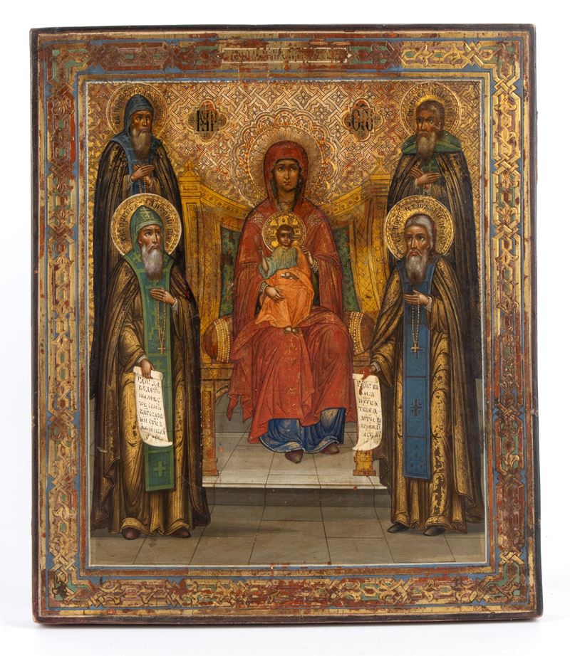 Icona russa, Madonna con Bambino e Santi, tempera su tavola (XIX secolo)