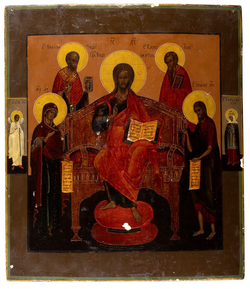 Icona russa, Cristo Pantocratore con angeli e figure di San Giovanni Battista e Θεοτόκος, olio e ...