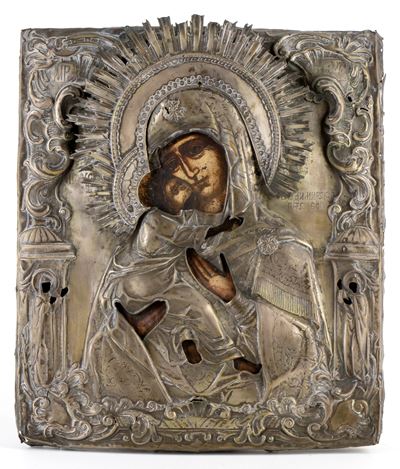 Icona russa, Madre di Dio di Vladimir (Vladimirskaja) con riza, tempera su tavola (XIX secolo)