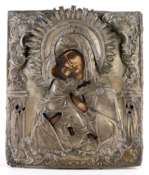 Russian icon with oklad depicting Vergin and Child